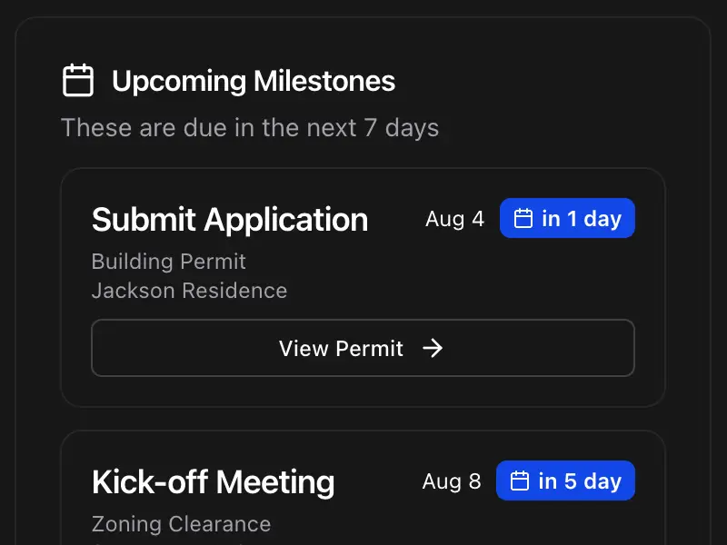 Permitful Upcoming Milestones in Dark Mode